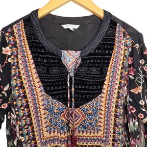John Mark Womens Black Boho Embroidered Velvet Trim Tunic Top SZ L Artsy Indie